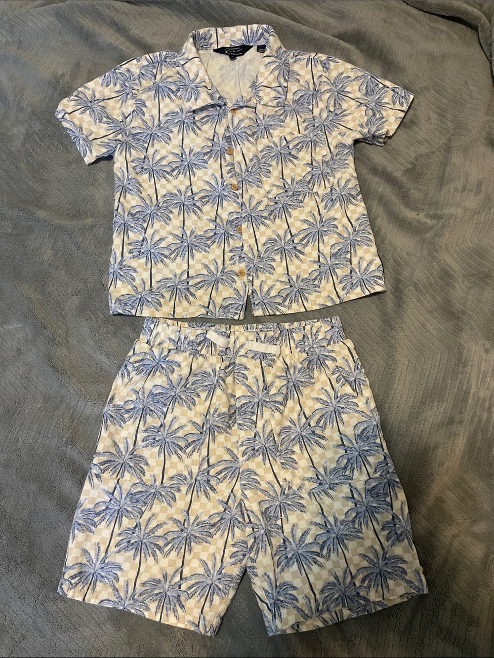 Children's Palm-Print Pajama Set in Blue and Cream